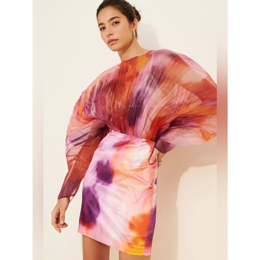 Andrea Iyamah Odi Dandi Print Sheer Organza Pleated Mini Dress Statement Medium